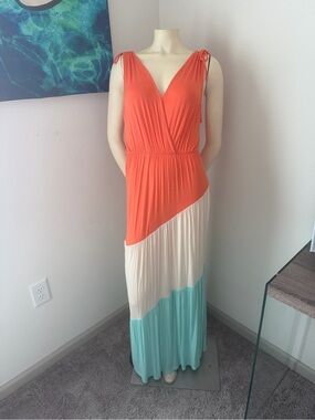 NBW! Colorblock Tie-Shoulder Maxi Dress - Orange & Cream with Aqua